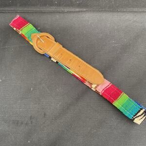 Colorful Woven Guatemalan Belt Leather Buckle Rainbow Striped